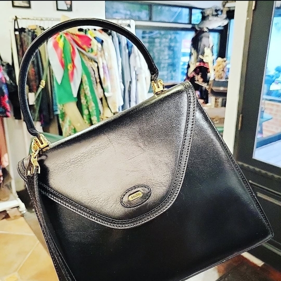 Bally Handbags - Bally Vtg. Black Leather 2way Bag Top Handle Crossbody Structured Bag